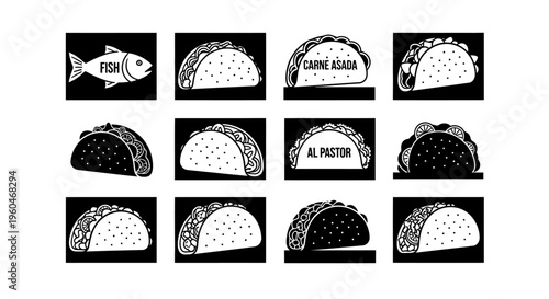 Taco Icons: Fish, Carne Asada, Al Pastor, and Variety - Black and White Vector Set