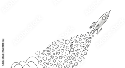Hand-drawn rocket launching with abstract shapes and icons, symbolizing startup and innovation