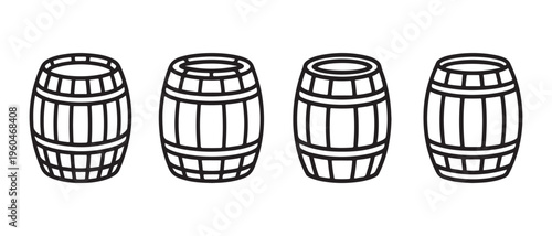 Outline Wooden Barrels Icons Set. on White Background, Minimalist Line Art Icons Collection for Storage Concepts.