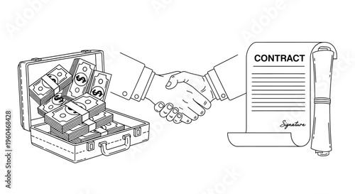 Business Deal: Handshake Over Open Briefcase Full of Money and Contract