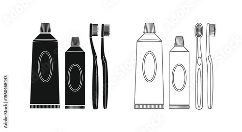 Black and white line art depicting toothpaste tubes and toothbrushes