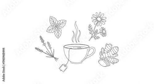 Herbal Tea Ingredients: Cup of Hot Tea with Mint, Lavender, Chamomile, Ginger