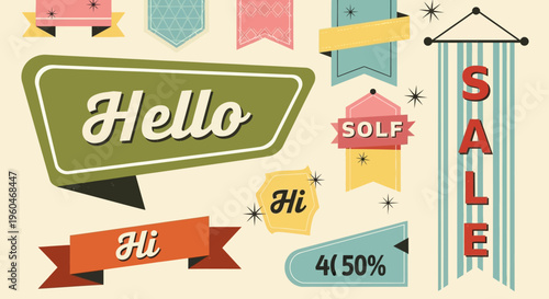 Retro Banners and Sale Tags with "Hello" and "Hi" Text, Vintage Design Elements