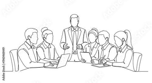 Business meeting with diverse team collaborating around a table, leader presenting ideas