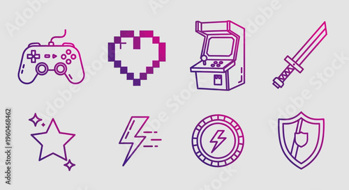 Retro Gaming Icons: Controller, Heart, Arcade, Sword, Star, Lightning, Coin, Shield