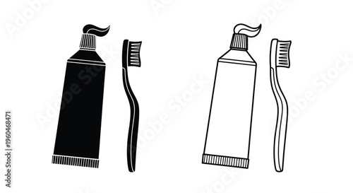 Black and white illustration of toothpaste tubes and toothbrushes