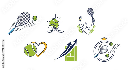 Tennis Icons Set: Racket, Ball, Player, Court, Heart, Growth, Victory