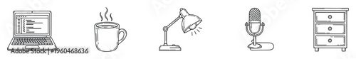 Hand drawn line icons for modern workspace essentials featuring a laptop, hot coffee mug, desk lamp, studio microphone, and storage cabinet perfect for remote work and office illustrations.