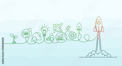Startup business growth concept: rocket launch with icons representing ideas, planning, and success