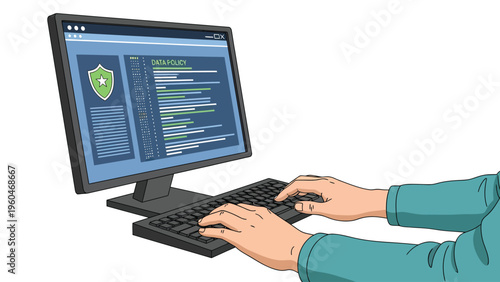 Hands typing on computer keyboard with security shield and code on monitor screen, cybersecurity and software development concept