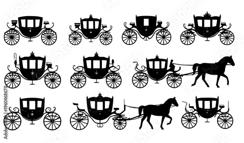 Fotografie Horse carriage silhouette vector set with traditional horse-drawn carts black ic