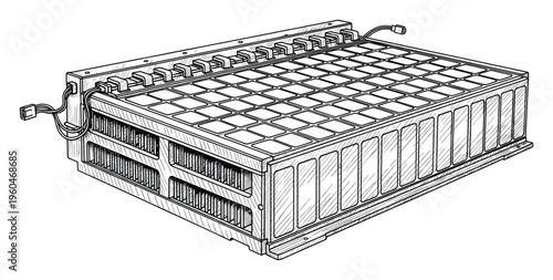 Technical drawing of a sophisticated electric vehicle battery pack module illustrating advanced energy storage technology for automotive and renewable power systems applications