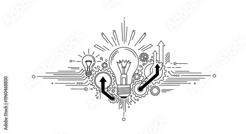 Creative idea light bulb gears arrows and circuit board sketch