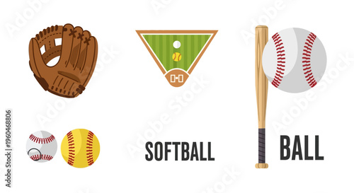 Softball and Baseball Equipment and Field Illustration