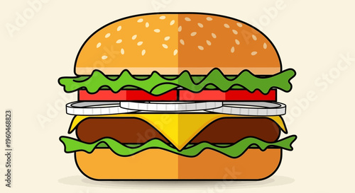 Delicious Burger Illustration: Fresh Ingredients, Fast Food Icon