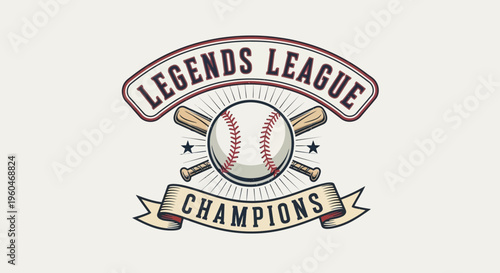 Vintage Baseball Legends League Champions Emblem with Crossed Bats and Ball