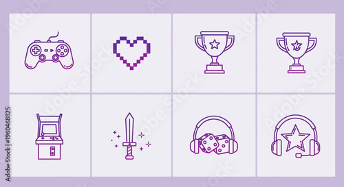 Pixel Art Gaming Icons: Controller, Heart, Trophies, Arcade, Sword, Dice, Headphones