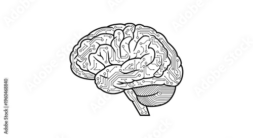 Digital Brain Circuit Board Outline - Artificial Intelligence and Technology Concept