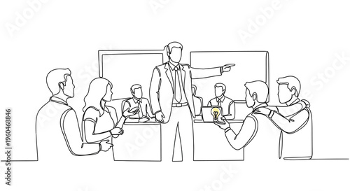 Business meeting: leader pointing, team discussing ideas, brainstorming, collaboration, presentation