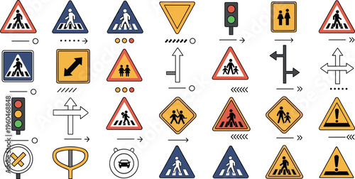 Traffic warning signs collection with pedestrian crossing symbols arrows signals road safety icons vector illustration set isolated on white background