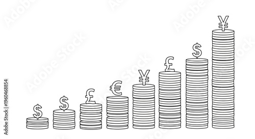 Rising Stacked Coins with Currency Symbols: Financial Growth and Investment Concept