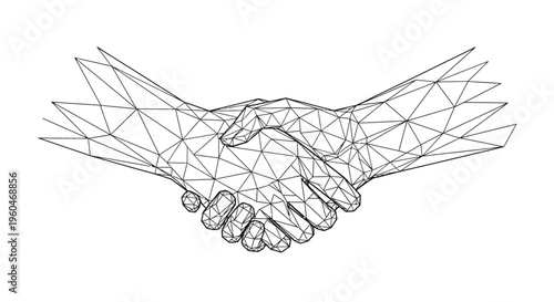 Digital handshake, abstract geometric lines forming hands, business agreement concept