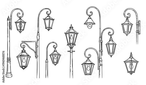 Hand drawn vintage streetlights collection with retro lamp posts sketch vector city lamps set