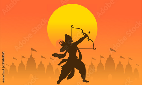 Lord Rama archer silhouette before temple skyline and bright sun, powerful Ram Navami festival background in dramatic Hindu devotional vector style