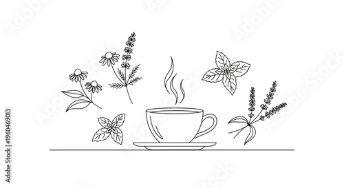 Herbal Tea Cup with Steaming Aroma and Medicinal Herbs Illustration