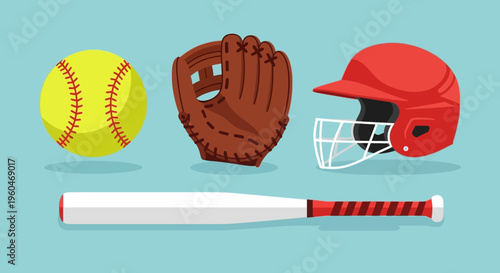 Softball Gear: Ball, Glove, Helmet, and Bat on a Blue Background