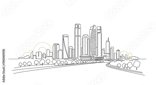 Modern City Skyline Sketch with Trees and Roads