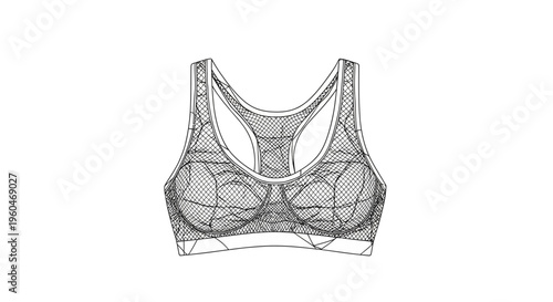 Technical flat fashion sketch of a modern women's athletic sports bra with intricate geometric