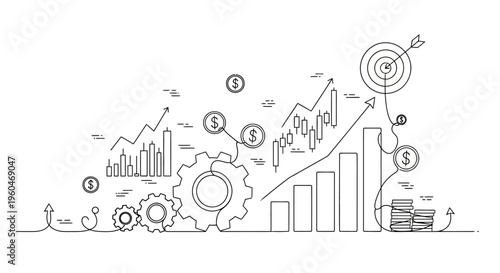 Business Growth Concept: Gears, Charts, Money, Target, and Success