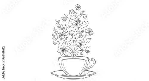 Whimsical Teacup with Blooming Flowers and Swirls