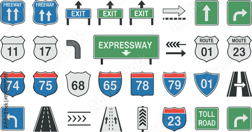 Road signs and highway icons collection with route shields exit freeway arrows traffic symbols vector illustration set isolated on white background