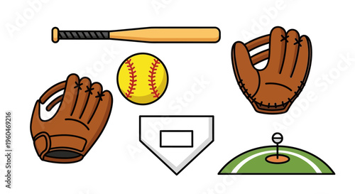 Baseball Equipment and Field Elements Collection - Bat, Gloves, Ball, Home Plate, Field