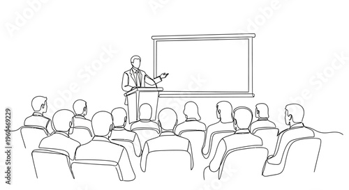 Business Presentation: Speaker Addressing Audience in Conference Room with Screen