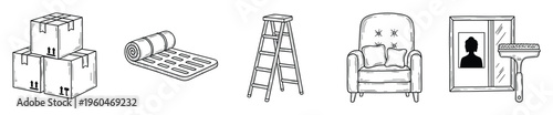 Essential household objects for moving, home renovation, or furnishing, featuring stacked boxes, a step ladder, a cozy armchair, and painting equipment, suitable for decor and property