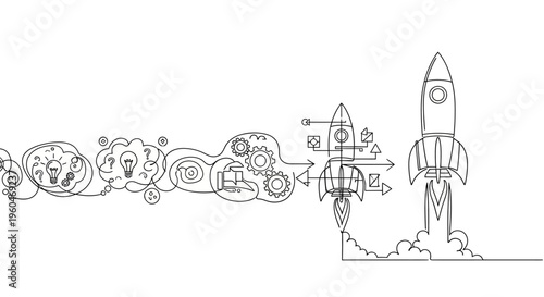 Startup Idea to Launch: Rocket Launching from Gears and Lightbulb Concept