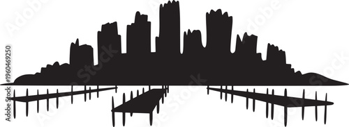 Coastal city skyline silhouette with boat docks and marina piers reflecting in calm water bay