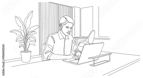 Man working on laptop at desk with plant, focused on computer screen, home office setup