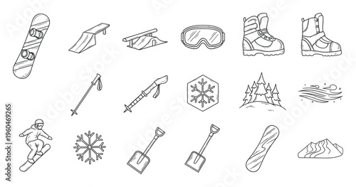 Hand drawn doodle icon collection of winter sports and snowboarding equipment featuring snowboards boots goggles poles mountains trees and snow elements for seasonal graphic design.