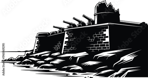 Dramatic silhouette of ruined coastal fortification with cannons and brick wall texture detail