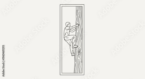 Minimalist line art illustration of a determined person ascending a textured tree trunk