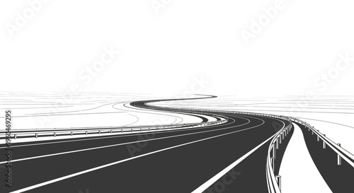 Winding Highway Road Perspective with Guardrail and White Lines, Abstract Black and White