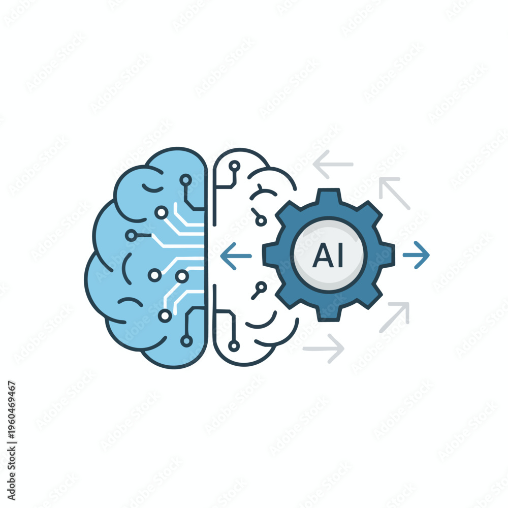 Fototapeta premium Stylized brain split into organic and circuit sides merging with AI gear