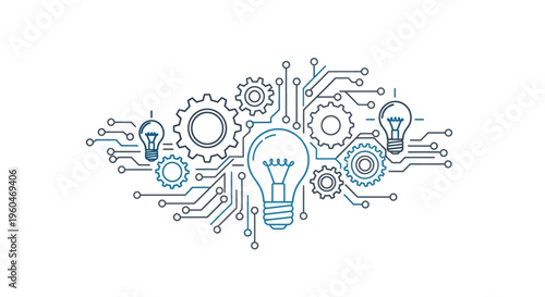Innovative Technology Concept: Lightbulbs, Gears, and Circuitry