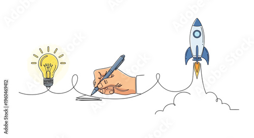 Idea to Launch: Hand drawing rocket from light bulb, symbolizing startup and innovation
