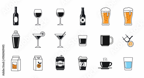 Assorted Drinks and Beverages Icons: Alcohol, Coffee, Juice, Soda, Water