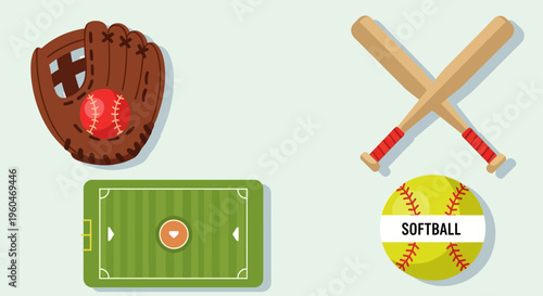 Softball Equipment and Field: Glove, Ball, Bats, and Pitcher's Mound Illustration